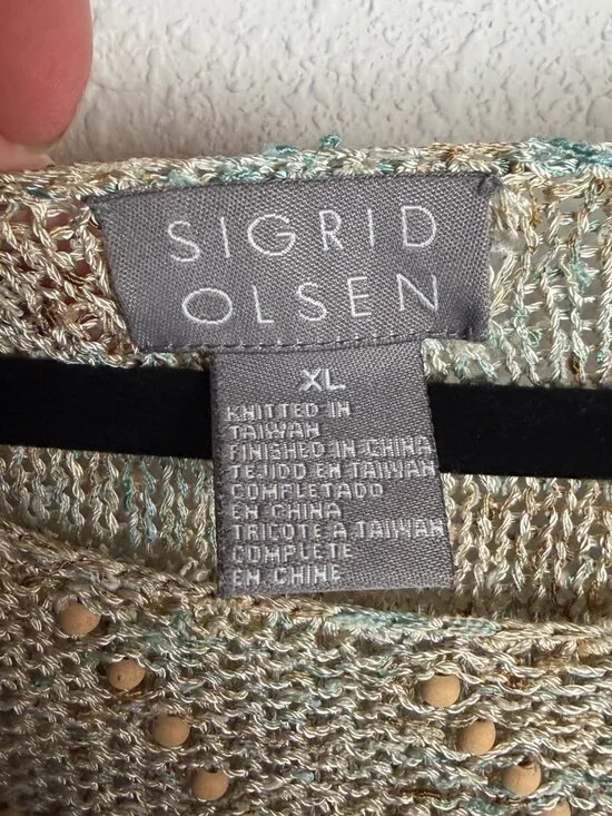 Sigrid Olsen Size Xl Costal Beach Open Knit Beaded Sweater Cream Teal Stripes - Picture 3 of 6
